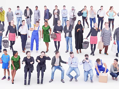Group of Diverse People in Various Poses Standing And Sitting Holding Bags And Items 3d model