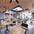 Cozy Modern Cafe Interior With Wooden Tables Chairs Hanging Lights And Green Plants