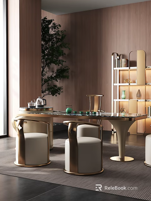 Modern Luxury Tea Table And Chairs With Marble Top Gold Frame And White Cushion 3d model 