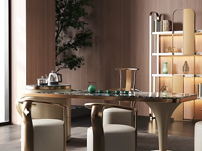 Modern Luxury Tea Table And Chairs With Marble Top Gold Frame And White Cushion 3d model