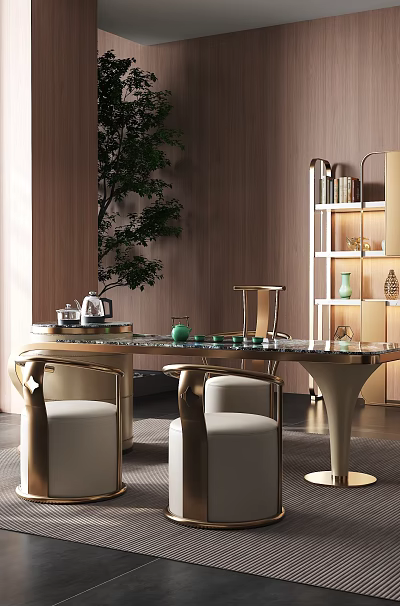 Modern Luxury Tea Table And Chairs With Marble Top Gold Frame And White Cushion 3d model