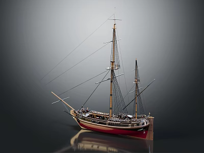Wooden Sailing Ship Model With Multiple Masts Red Hull And Reflection On Gray Background 3d model