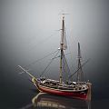 Wooden Sailing Ship Model With Multiple Masts Red Hull And Reflection On Gray Background 3d model