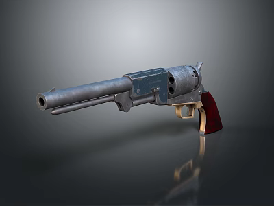 Vintage Metallic Revolver Weapon with Blue Barrel and Red Wooden Grip 3d model