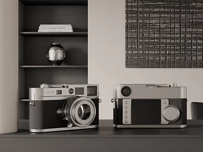 Vintage Cameras As Entertainment Electronics On Shelf With Wall Art 3d model