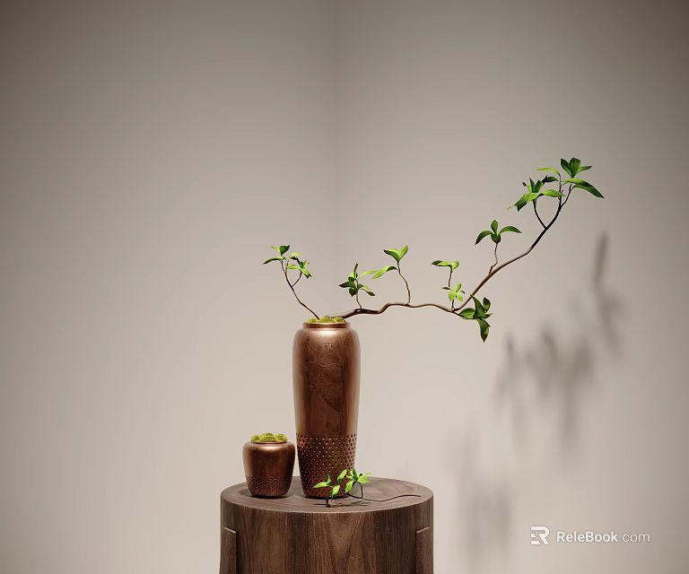 Elegant Bonsai Potted Plant in Wooden Vase with Small Pot on Wooden Stand 3d model 