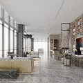 Spacious Modern Hotel Lobby Interior With Large Windows Wooden Bookshelves And Comfortable Sofas