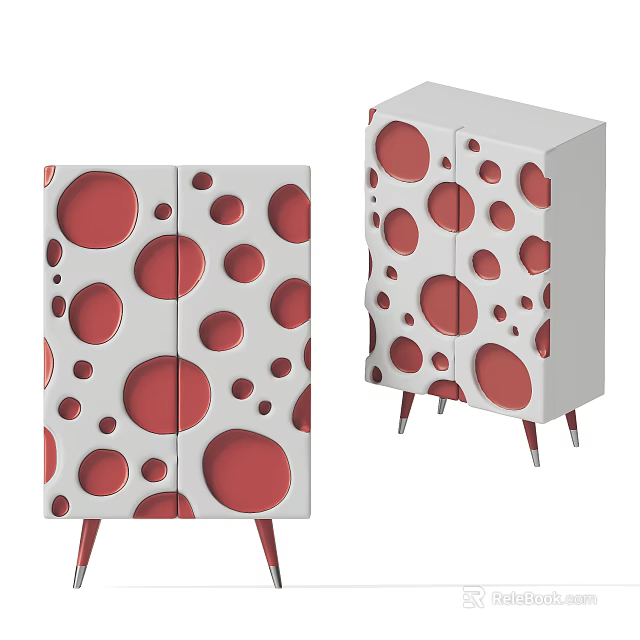 Modern Entryway Cabinet And Sideboard With White Red Circular Patterns And Slender Legs 3d model