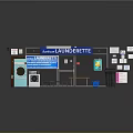 Laundromat Interior with Sign Washing Machine Dryer Bench Trash Can and Posters