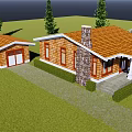 Single Story Wooden House With Orange Roof Stone Chimney Green Lawn And Pine Trees