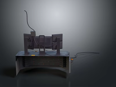 Dual Monitor Workstation Setup With Cables And Equipment On Modern Desk 3d model
