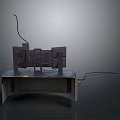 Dual Monitor Workstation Setup With Cables And Equipment On Modern Desk