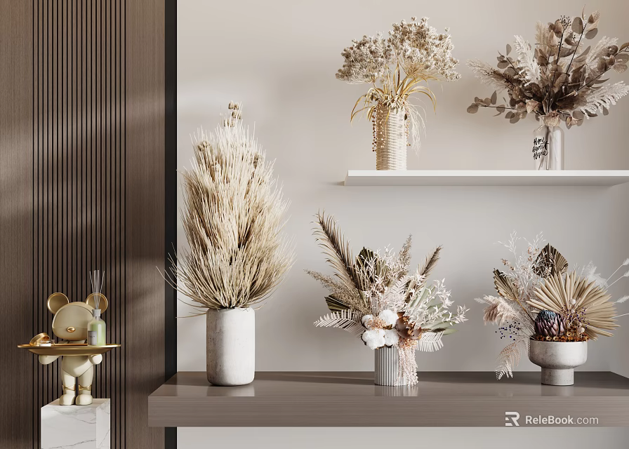 Neutral Tones Natural Dried Flowers in Ceramic Vases on Shelves and Table 3d model 