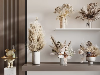 Neutral Tones Natural Dried Flowers in Ceramic Vases on Shelves and Table 3d model