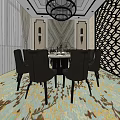 Modern Private Dining Room With Long Wooden Table Chairs Patterned Carpet Curtains And Chandelier