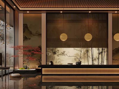 Traditional Chinese Hotel Lobby With Wooden Ceiling Bamboo Screens And Red Maple Plant 3d model