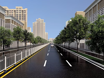 Modern Urban Road Facilities with Guardrails Lane Dividers Trees and High Rise Buildings 3d model