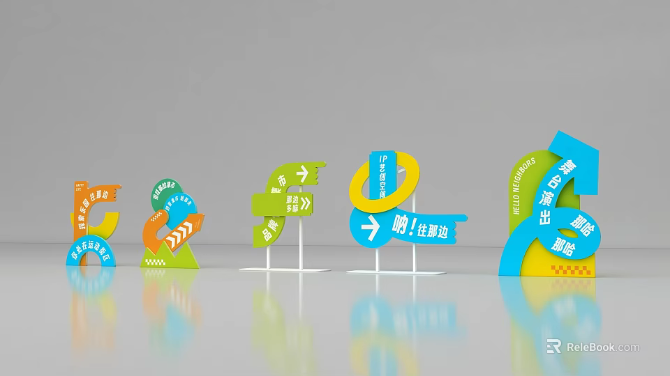 Modern Colorful Directional Guide Signs With Arrows And Various Shapes 3d model 