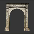Stone Fireplace Mantel With Carved Arch Design And Intricate Decorative Details