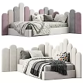 Kids Bed With Curved Headboard Soft Grey And Pink Decorative Pillows Patterned Blankets