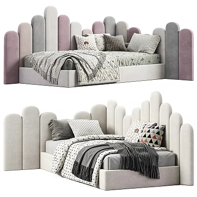 Kids Bed With Curved Headboard Soft Grey And Pink Decorative Pillows Patterned Blankets 3d model