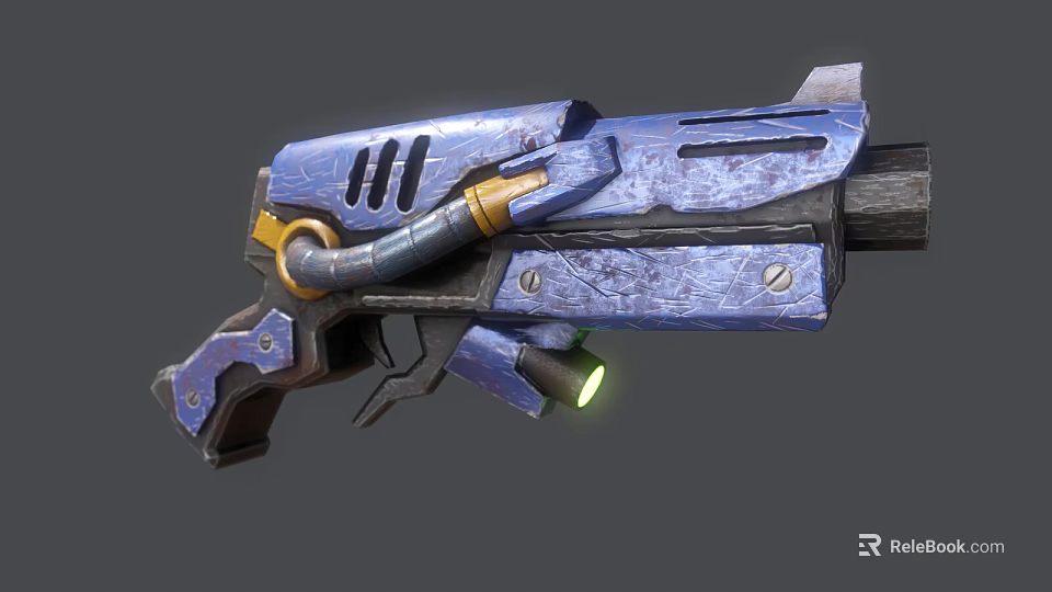 Futuristic Blue Weapon With Metallic Texture Glowing Green Light And Barrel Design 3d model 