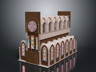 Elegant Church Building with Stained Glass Windows Arched Design and Circular Clock Brown Beige Exterior 3d model