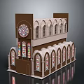 Elegant Church Building with Stained Glass Windows Arched Design and Circular Clock Brown Beige Exterior