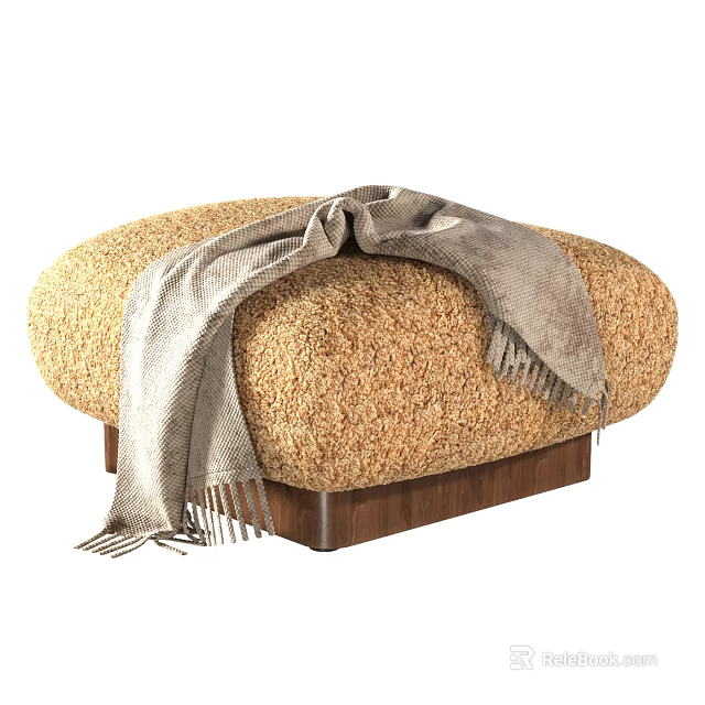 Round Textured Fabric Ottoman With Neutral Tone And Cozy Fringed Throw On Wooden Base 3d model 