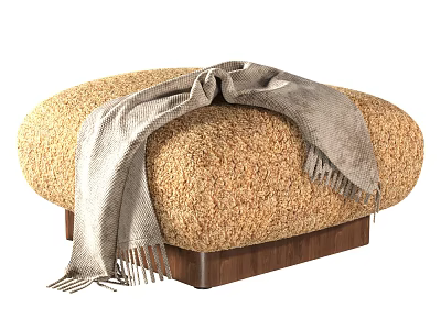 Round Textured Fabric Ottoman With Neutral Tone And Cozy Fringed Throw On Wooden Base 3d model
