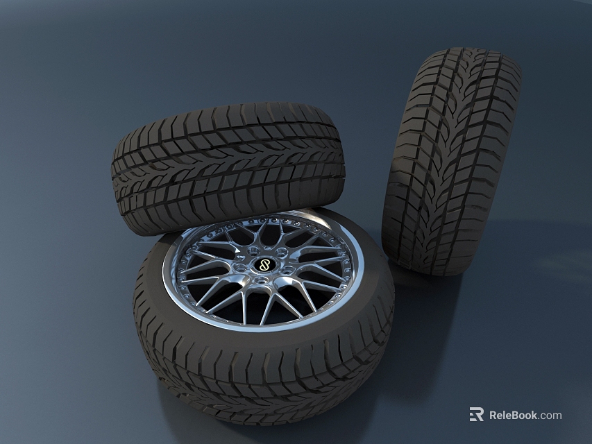 Car Tires With Silver Alloy Wheels Spoked Design Logo And Tread Pattern 3d model 