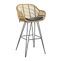 Modern Rattan Bar Stool With Black Padded Seat And Metal Legs Design