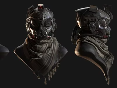 Futuristic Mechanical Helmet With Tasseled Tactical Scarf And Detailed Gear 3d model