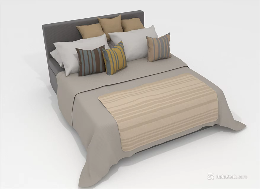 Double Bed Interior With Dark Gray Headboard Striped Pillows And Light Gray Bedspread 3d model 