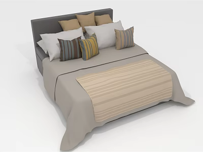 Double Bed Interior With Dark Gray Headboard Striped Pillows And Light Gray Bedspread 3d model