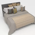 Double Bed Interior With Dark Gray Headboard Striped Pillows And Light Gray Bedspread 3d model