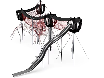 Modern Outdoor Playground Equipment With Red Climbing Net And Silver Slide 3d model