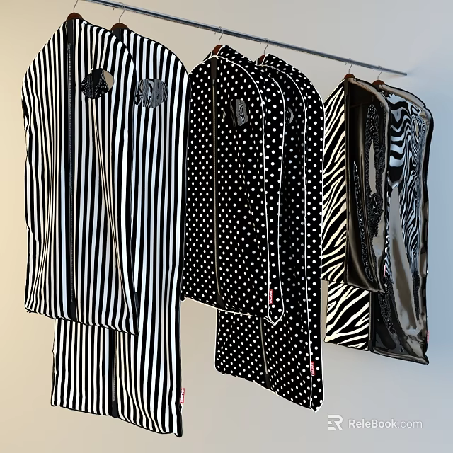 Stylish Black And White Patterned Clothes With Striped Polka Dot And Zebra Prints Hanging 3d model 