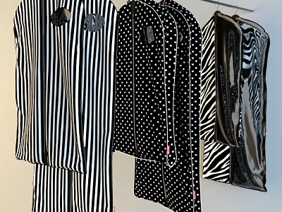 Stylish Black And White Patterned Clothes With Striped Polka Dot And Zebra Prints Hanging 3d model