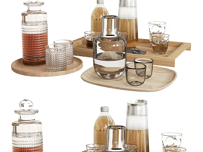 Elegant Glass Tea Set with Clear Cups Bottles and Wooden Serving Tray 3d model
