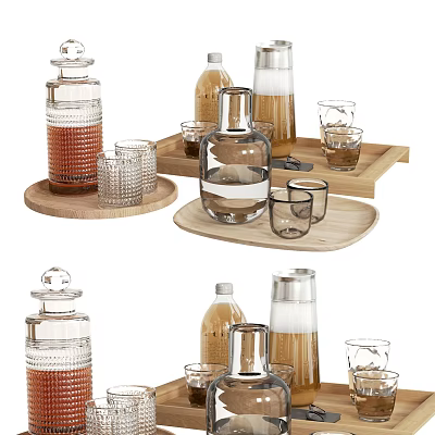 Elegant Glass Tea Set with Clear Cups Bottles and Wooden Serving Tray 3d model