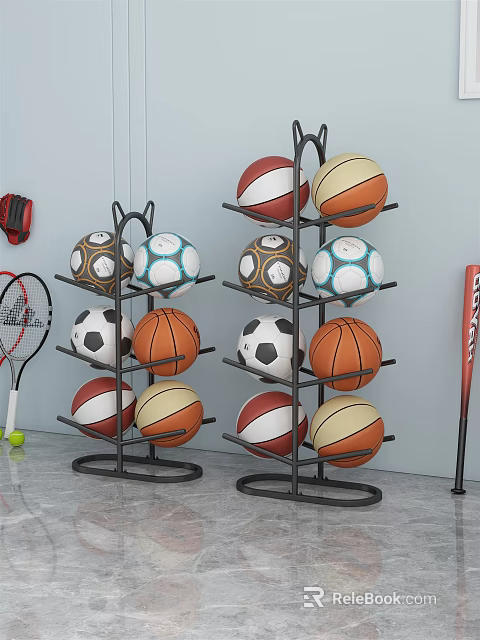 Sports Equipment Storage Rack with Various Balls Tennis Racket and Baseball Bat 3d model 
