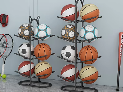 Sports Equipment Storage Rack with Various Balls Tennis Racket and Baseball Bat 3d model