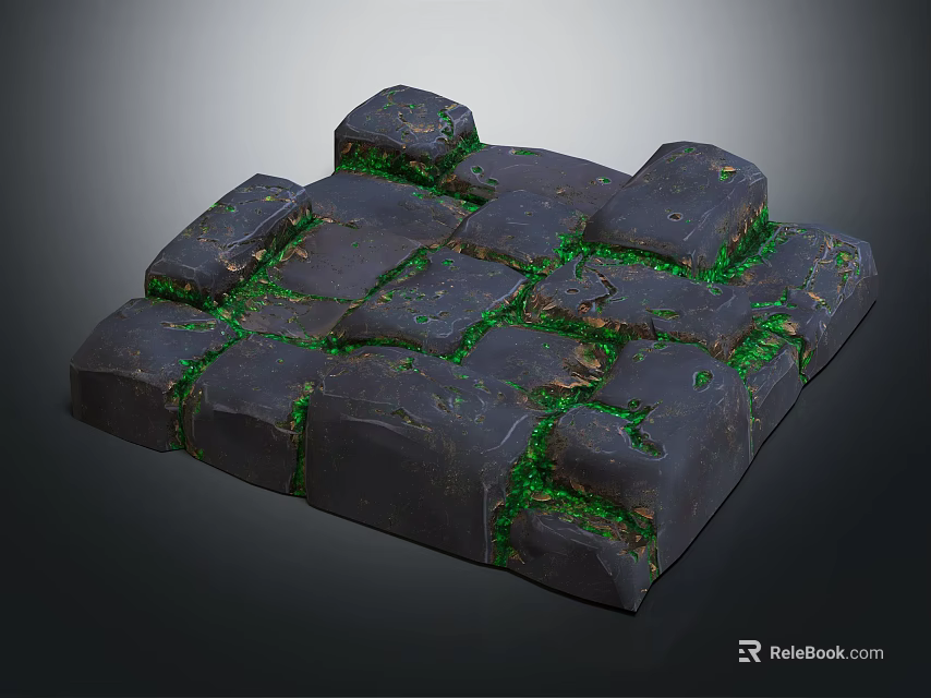 Natural Dark Stone Ground With Green Moss Growing Between Stone Cracks 3d model