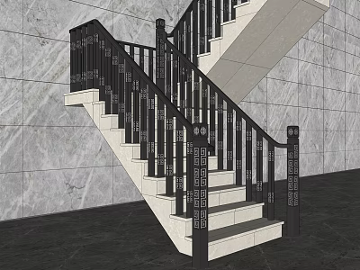 Chinese Style Staircase With Carved Black Railings White Steps And Marble Wall 3d model