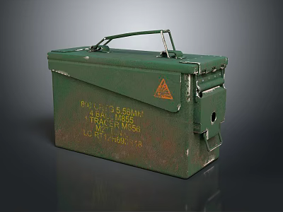 Rustic Military Green Metal Ammunition Box Decorative Ornament Set With Yellow Letters And Red Sign 3d model