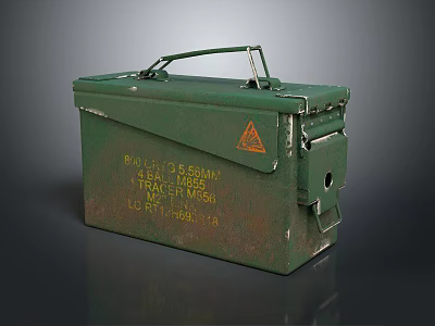 Rustic Military Green Metal Ammunition Box Decorative Ornament Set With Yellow Letters And Red Sign 3d model