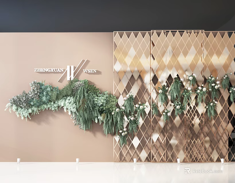 Golden Diamond Patterned Hollow Feature Wall Decorated With Green Plants 3d model 