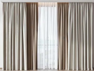 Double Layer Beige And White Curtains For Modern Home Interior With Sheer And Thick Fabric 3d model