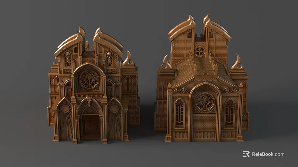 Elaborate Golden Architectural Sculptures With Intricate Gothic Carvings And Detailed Patterns 3d model 